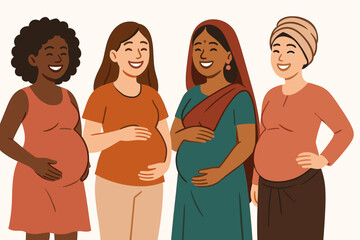 Happy diverse pregnant women group illustration. Multicultural expectant mothers joyfully embracing bellies. Global maternity, ethnic variety, future moms united in joy, anticipation.