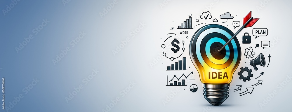 Poster Creative business idea concept with light bulb target and icons on gradient background with copyspace for design or advertising template banner use.