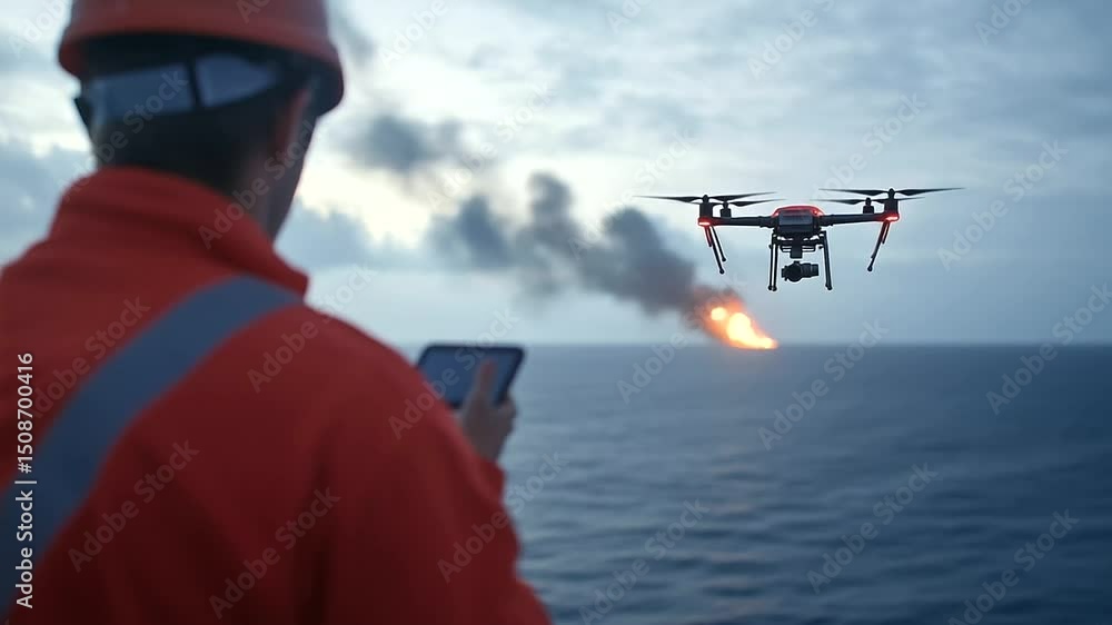 Poster technician using drone to inspect flare tip, drone hovering against backdrop of open endless sea