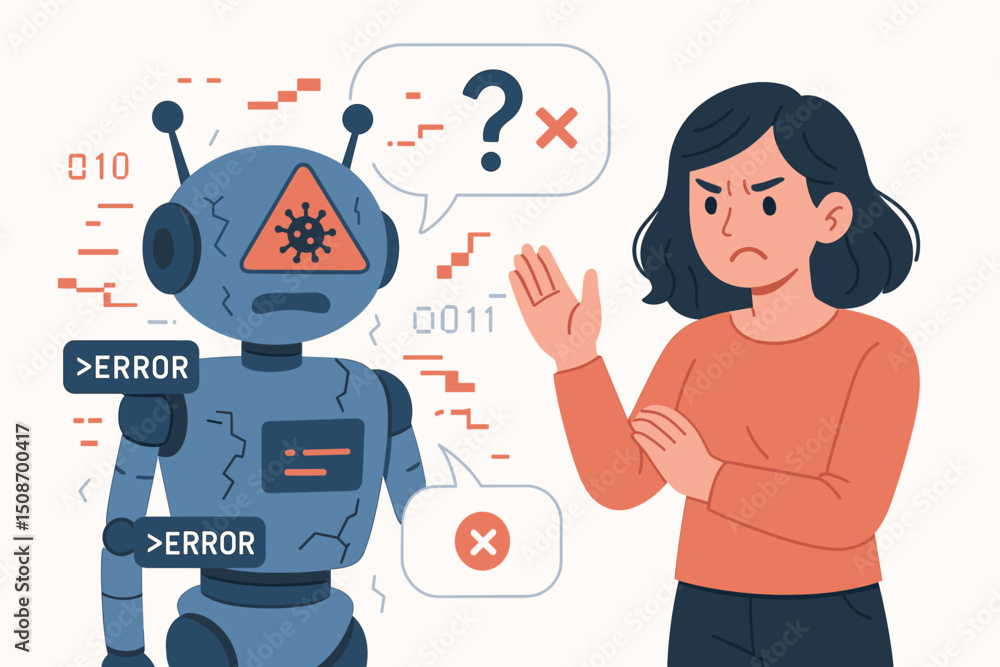 Poster malfunctioning robot with critical error, virus infection, and digital glitch. frustrated woman seek