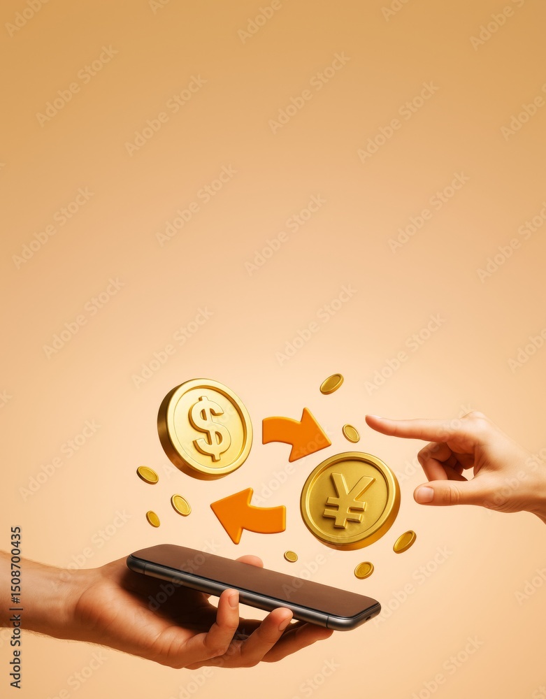 Poster currency exchange concept with dollar and yen symbols floating above smartphone, showcasing mobile m
