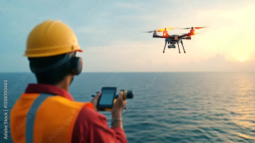 Aufkleber technician using drone to inspect flare tip, drone hovering against backdrop of open endless sea
