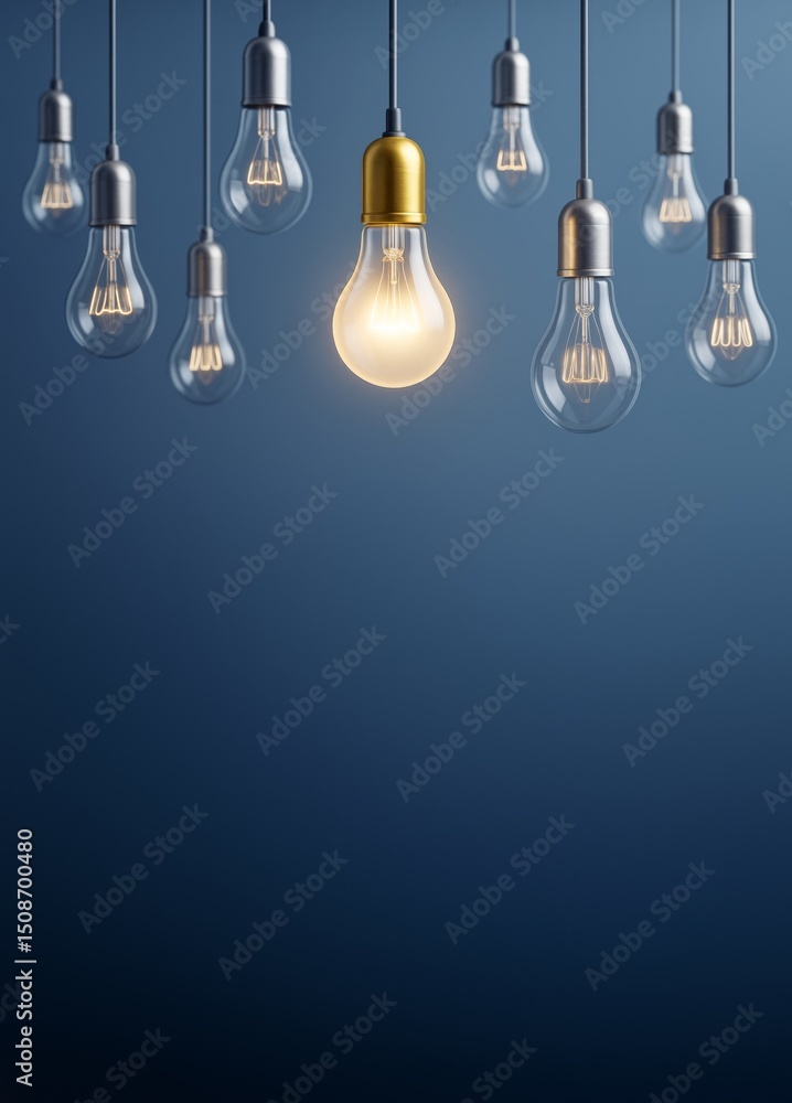 Poster hanging lightbulbs with one glowing bulb as business innovation concept on dark blue background with