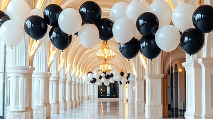 curved arch of glossy black and satin white balloons, arranged on soft tile flooring, subtle light casts gentle highlights on neutral stucco backdrop
