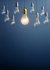 Hanging lightbulbs with one glowing bulb as business innovation concept on dark blue background with copyspace for design or advertising template.