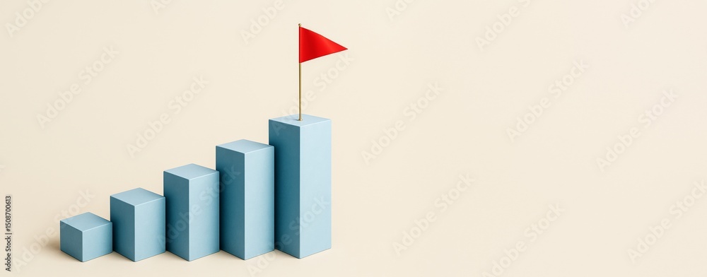 Poster Blue bar graph with red flag symbolizing success or achievement on light background with copyspace for business promotion or presentation template.