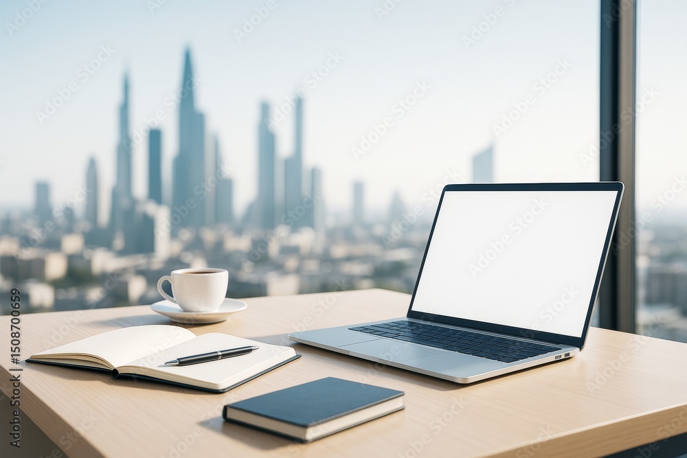 Poster Modern business workspace with laptop and notebook on desk in bright office with city skyline background and clean copy space for branding..