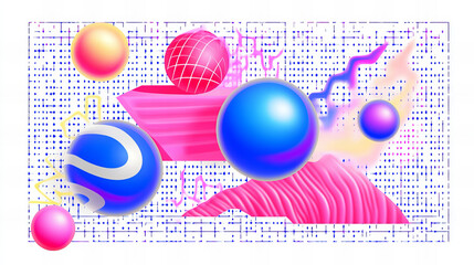 Colorful abstract compositions with geometric shapes, textures, and digital elements in vibrant pink, purple, blue, and yellow tones for creative design and artistic expression

