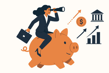 Businesswoman Riding Piggy Bank with Briefcase and Telescope, Financial Growth, Investment Planning, Savings Strategy, Money Management, Banking Success, Economic Opportunity Concept