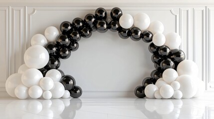 minimalistic balloon arch with alternating black and white tones, placed over a glossy white ceramic floor, backed by a soft stucco wall in neutral gray palette, diffused lighting