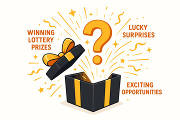 Mystery gift box bursting with golden question mark, lucky surprises, winning lottery prizes, exciting opportunities, celebratory confetti, fortune concept, reward chance illustration
