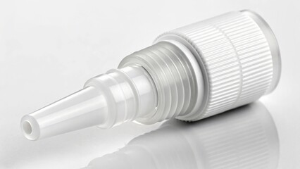 A clear "Nasal Spray Pump" mechanism with a white cap, isolated on a clean background, representing medical devices, pharmaceutical packaging