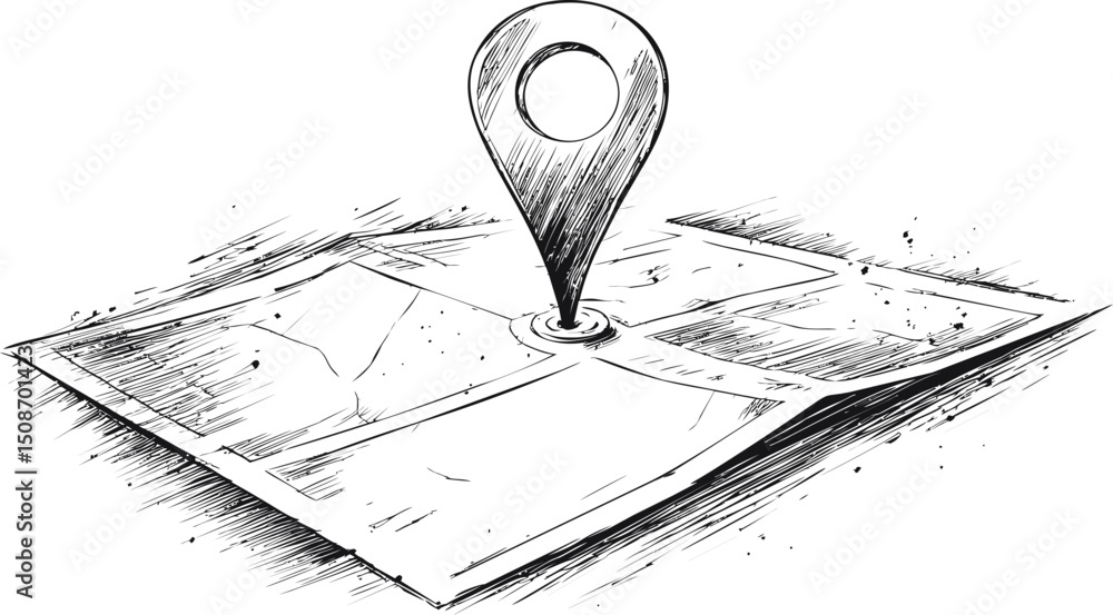 Poster hand-drawn map with location pin icon sketch, concept of navigation. vector illustration