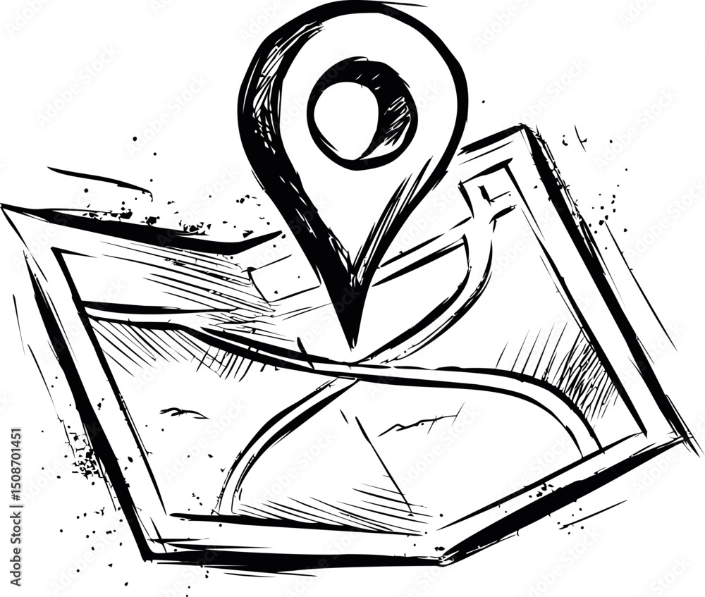 Poster Sketch of a map with a location pin and abstract lines, concept of navigation. Vector illustration