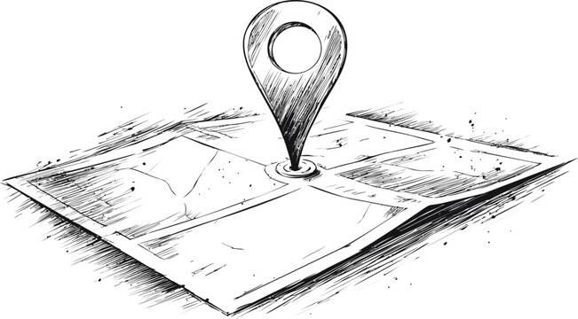 Hand-drawn map with location pin icon sketch, concept of navigation. Vector illustration