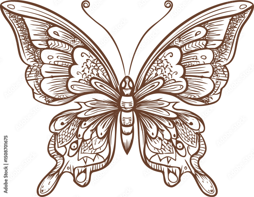 Poster intricate line drawing of a butterfly with ornate patterns, artistic design. vector illustration