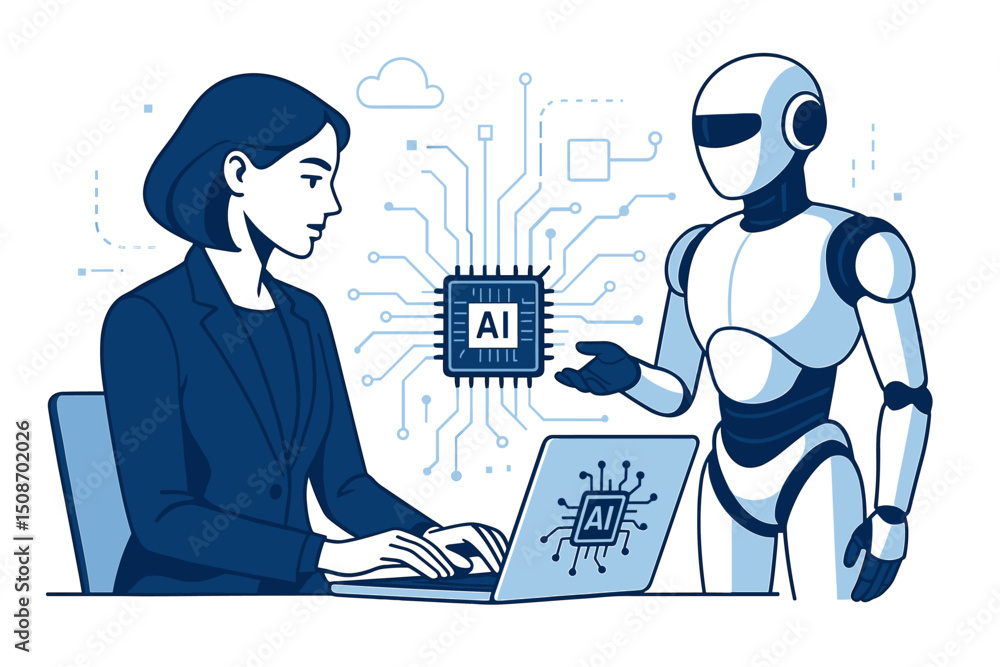 Poster futuristic businesswoman with ai technology and digital interface in modern corporate environment vi