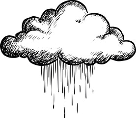 Obraz premium Sketch of a single cloud releasing rain, black and white illustration. Vector illustration