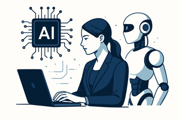 Futuristic Businesswoman with AI Integration, Digital Technology Innovation, Modern Corporate Leader Using Artificial Intelligence for Advanced Business Solutions and Smart Workflows