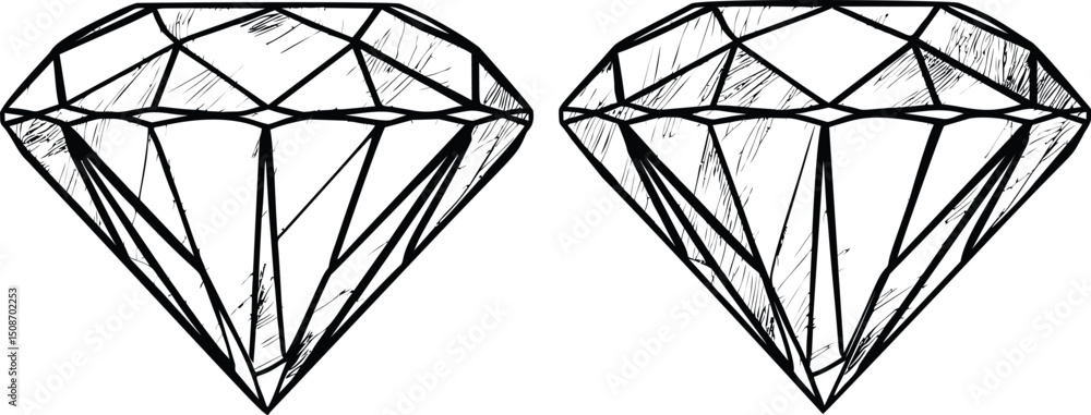 Poster black and white line art of two diamond gemstones with geometric patterns. vector illustration