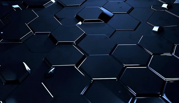 Minimalist geometric hexagon pattern in matte black, soft white light gradients, sci-fi HUD overlay, isometric illusion, displayed on a holographic screen, clean presentation