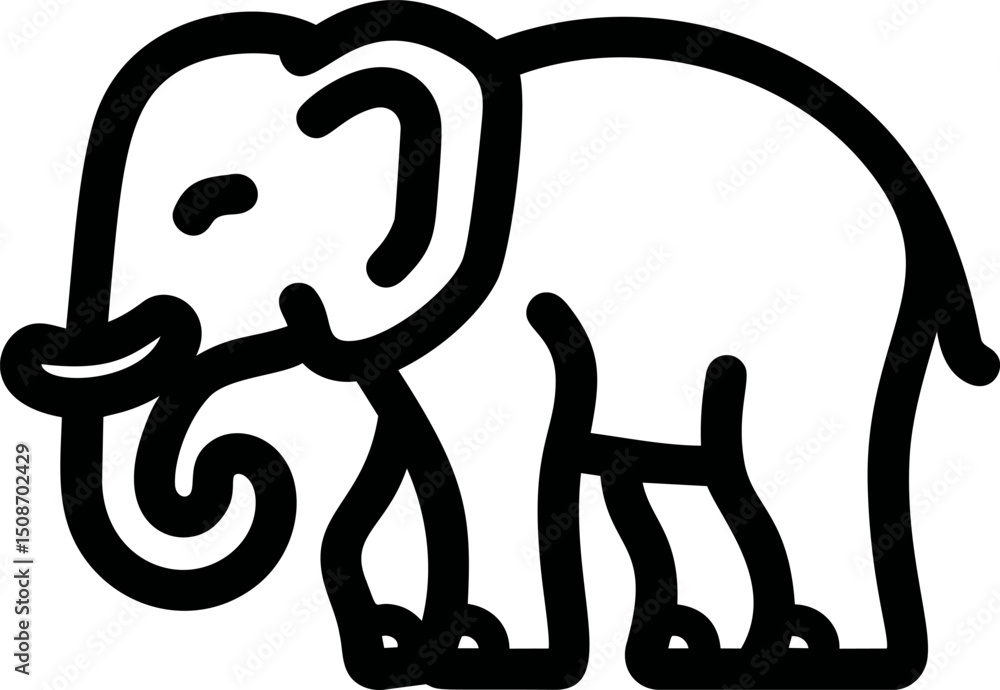 Poster outline of an elephant with a curving trunk in simple black line art. vector illustration
