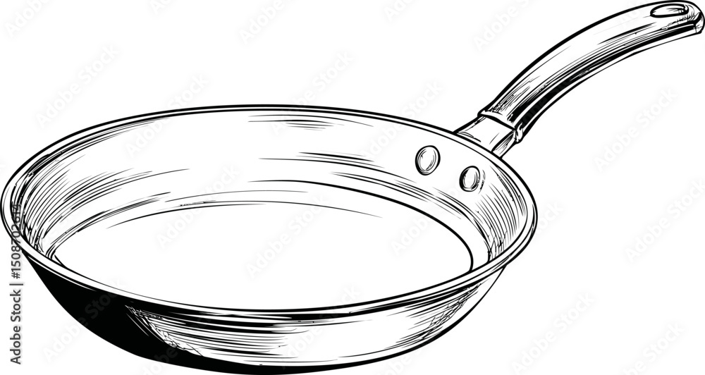 Poster black and white sketch of a frying pan with a handle for cooking illustration. vector illustration