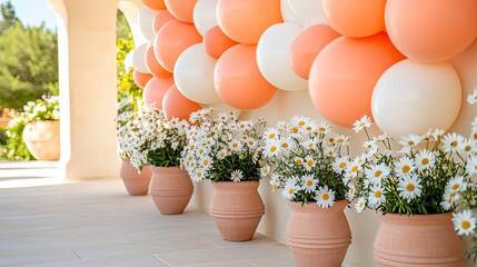 balloon display in blush and coral with realistic lighting, casting soft ambient reflections near daisies in small handcrafted pots, clean beige flooring and soft stucco wall