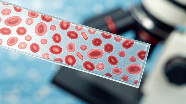 A clear glass microscope slide, patterned with numerous "red colour pottu" or "red blood cells", is held horizontally above a blurred laboratory microscope, suggesting a medical or scientific context