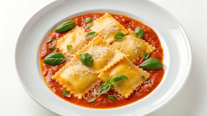 A close-up view presents four perfectly cooked "ravioli" or "homemade ravioli" squares, generously coated in a rich, vibrant red tomato sauce and garnished with fresh basil leaves