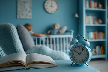 유아 침실 속 파란 테마와 시계 디테일 AI 생성