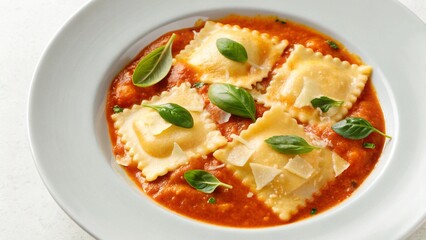 This inviting shot showcases golden-hued "ravioli" submerged in a rich red sauce, with fresh green basil leaves providing a pop of color and visual interest