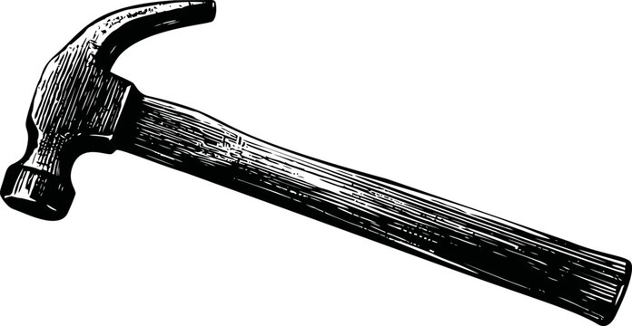Black and white illustration of a hammer with a wooden handle, vintage style. Vector illustration