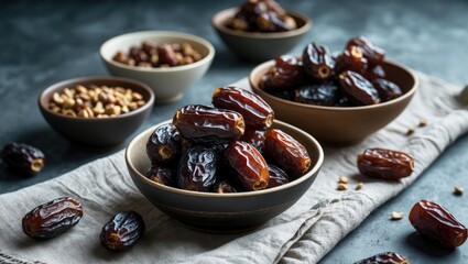 Big luxury dried date fruit in bowls on a linen napkin, date concept with empty copy space for text.