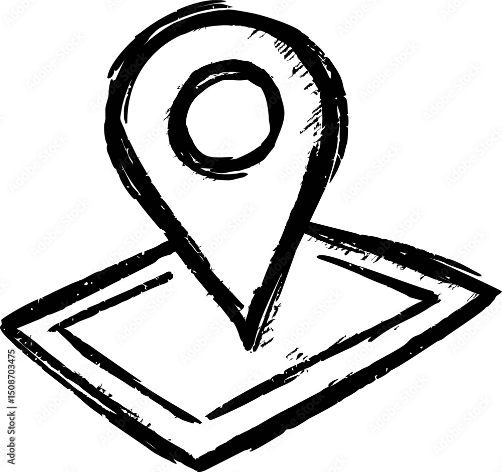 Poster Black and white sketch of a map with a location pin icon, concept of navigation. Vector illustration