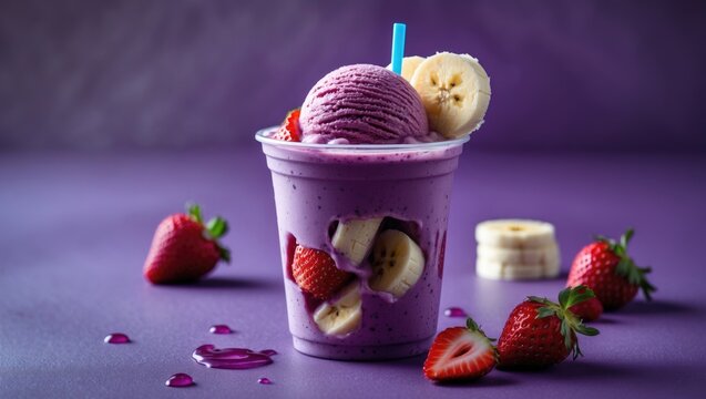Frozen acai berry ice cream smoothie in a plastic cup with bananas, strawberries, and condensed milk, isolated on purple background, front view for menu and social media.