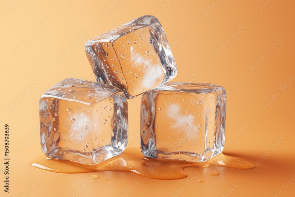 Poster Three clear ice cubes stacked with water droplets on light orange background in abstract style. Ai generative.