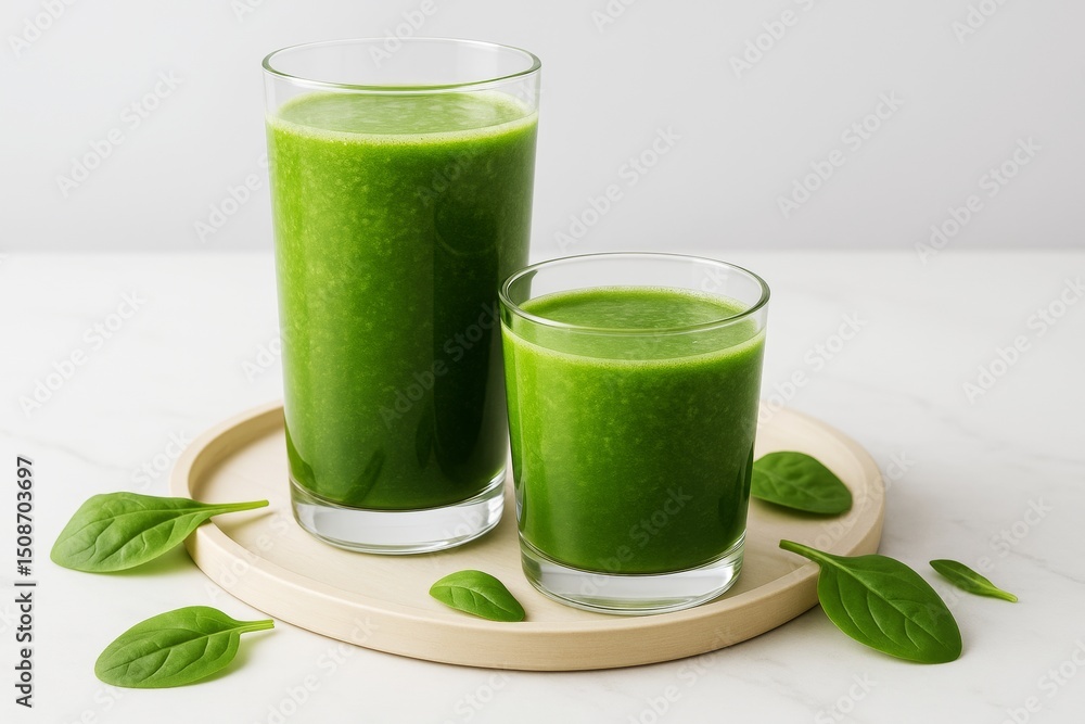 Aufkleber two glasses of green spinach smoothie on wooden tray with spinach leaves on white marble surface and