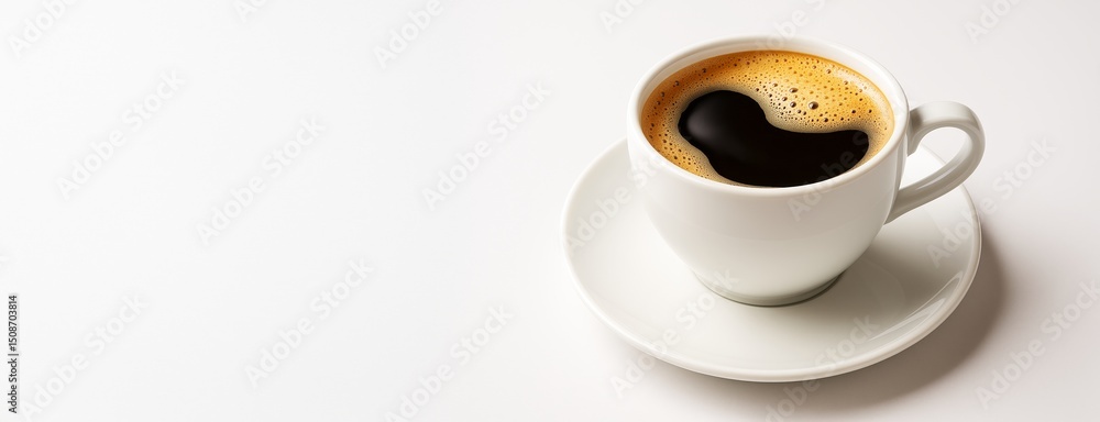 Poster hot coffee cup on white saucer with foam, placed on clean white background with empty copy space for