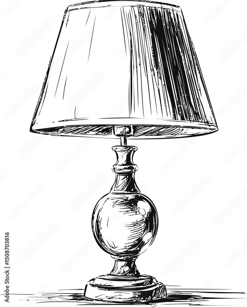 Poster black and white sketch of a classic table lamp with a fabric shade. vector illustration