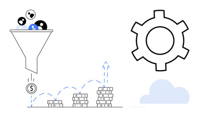 Funnel filtering leads into coins with financial growth bars, process gear, and cloud element. Ideal for marketing, sales, conversions, revenue, automation, optimization simple landing page