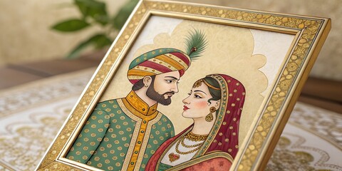 Mughal couple in miniature painting style, framed on card with gold trim, papyrus texture