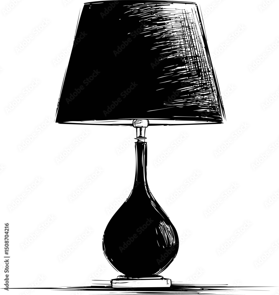 Poster black and white sketch of elegant table lamp with ornate base. vector illustration