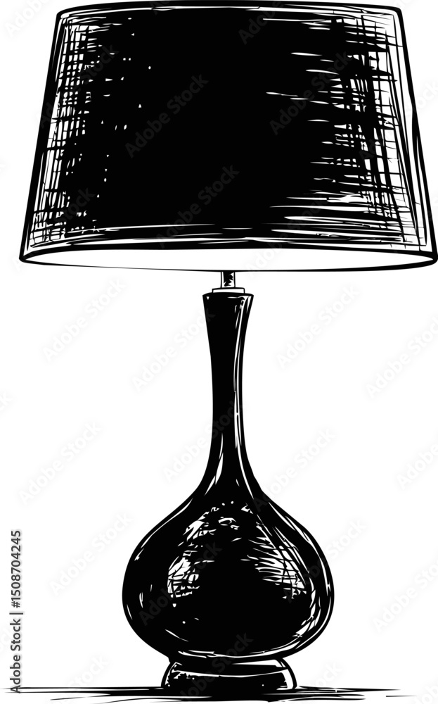 Poster Black and white sketch of a table lamp with a round base and shade. Vector illustration