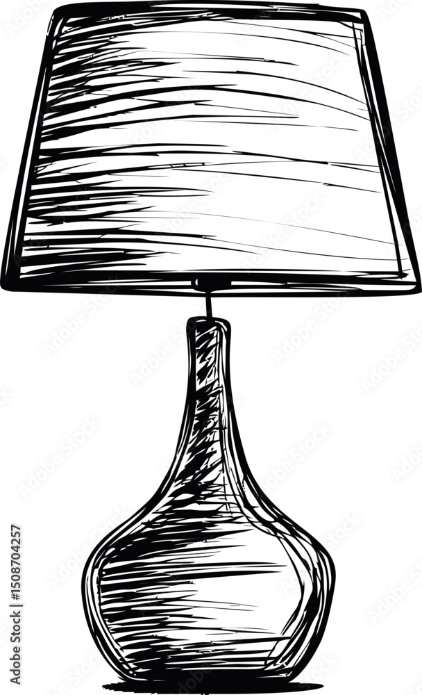 Poster Sleek black and white sketch of a table lamp with a modern design. Vector illustration