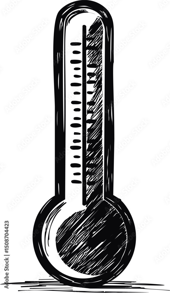 Poster hand-drawn black and white thermometer with sketchy lines and simple design. vector illustration