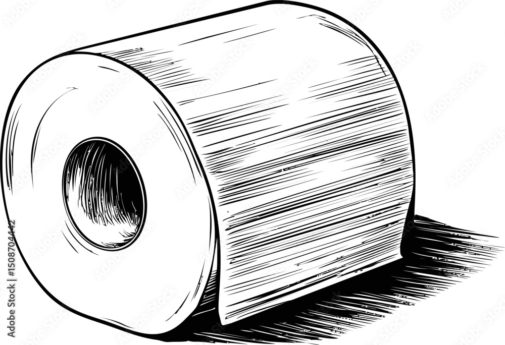 Poster monochrome sketch of a toilet paper roll lying on its side in detailed shading. vector illustration