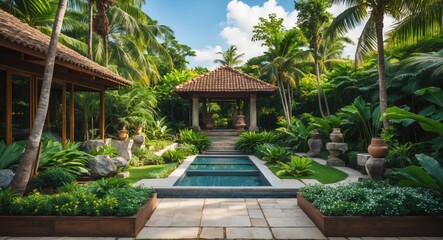 Stunning tropical garden in summer, featuring ample empty space for text.
