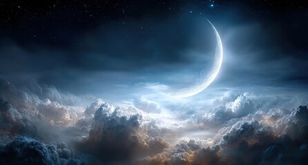 Crescent Moon Over Starry Night Cloudscape