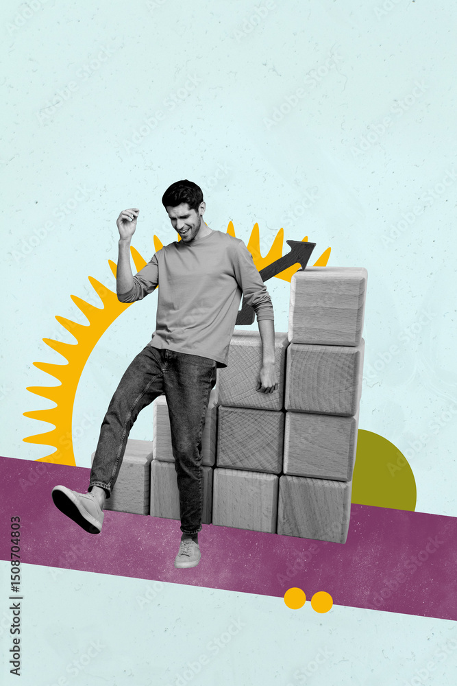 Poster banner pop collage of person stand with blocks up arrows cog gears on blue background